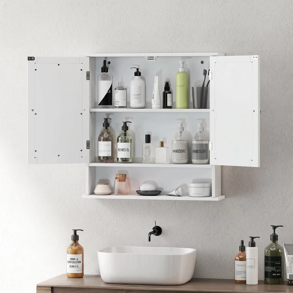 kleankin Dulap Suspendat pentru Baie cu 2 Uși cu Oglindă și Raft Deschis, Raft Interior Reglabil, Mânere Metalice, 56x13x58 cm, Alb | Aosom Romania