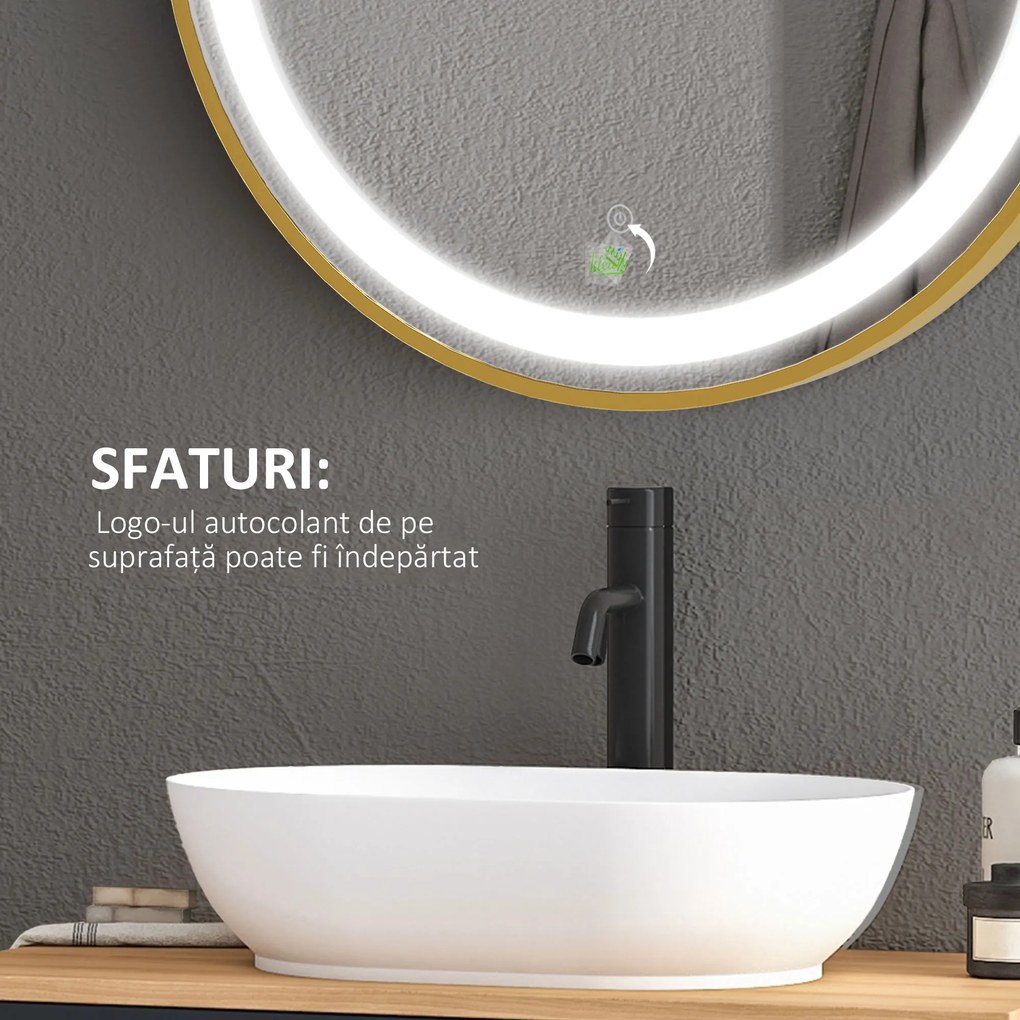 kleankin Oglindă de Baie Rotundă cu Lumină LED, Luminozitate Reglabilă și Întrerupătoare Touch, Ø60x4 cm, Auriu | Aosom Romania