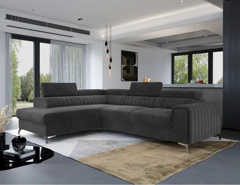 Colțar gri închis extensibil/cu spațiu de depozitare cu tapițerie din catifea (cu colț pe partea stângă/în formă de ”L”) Laurence – ELTAP