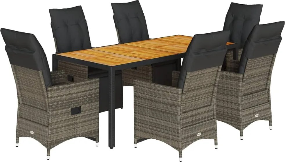 vidaXL Set bistro de grădină cu perne, 7 piese, gri, poliratan