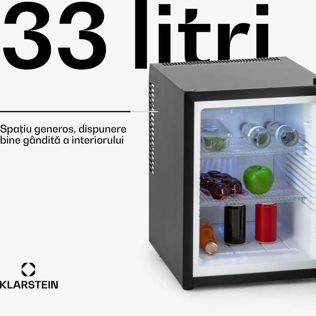 Klarstein Happy Hour, negru cu ușă decorativă, minibar, frigider, 33 l, silențios, G