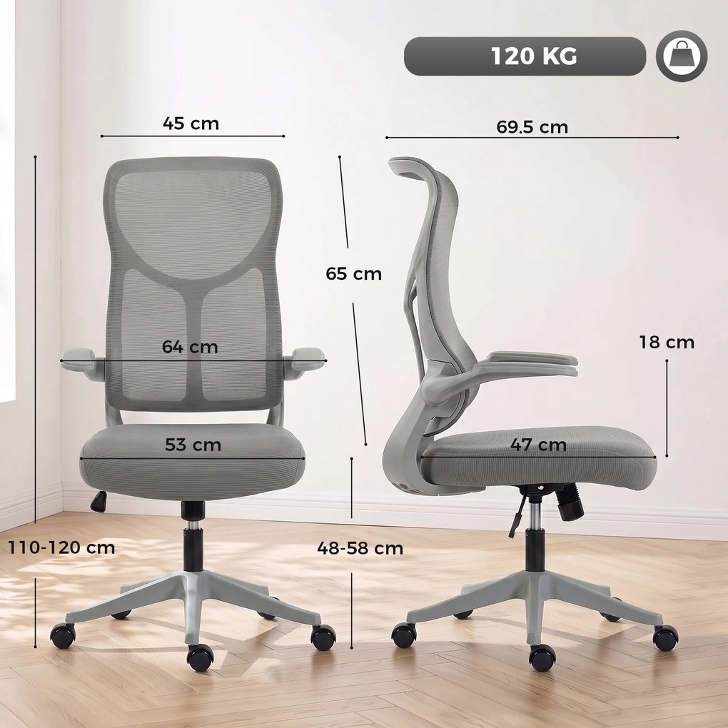 HOMCOM Scaun de birou ergonomic rotativ, cu cotiere rabatabile, funcție de balans, înălțime reglabilă, din plasă, gri | Aosom Romania