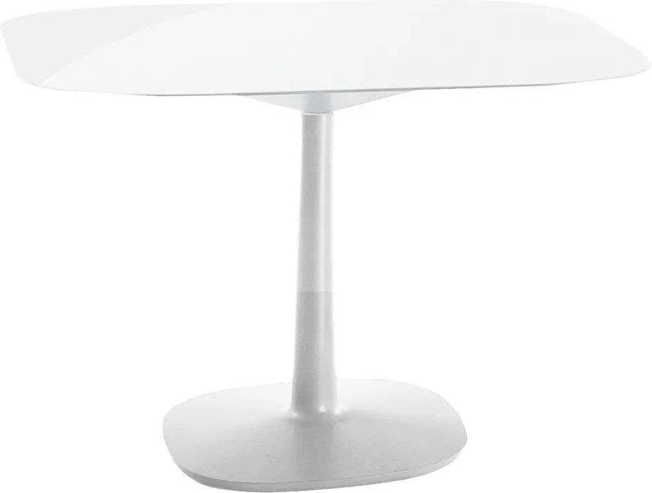 Masa Kartell Multiplo design Antonio Citterio, 99x99cm, h74cm, baza patrata, blat sticla, alb