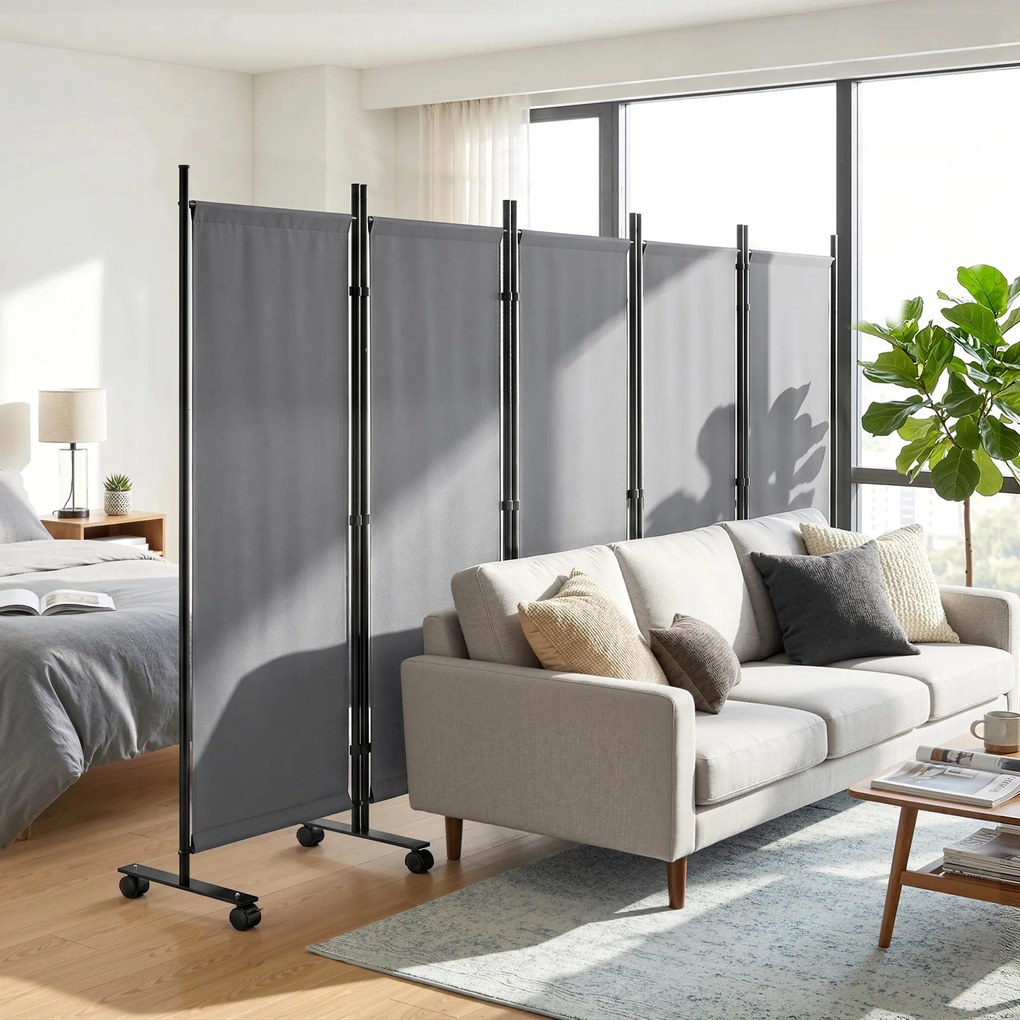 Outsunny Separator de cameră 5 piese 252 x 40 cm Paravan independent cu 12 roți Pliabil Separator DIY Gri închis | Aosom Romania