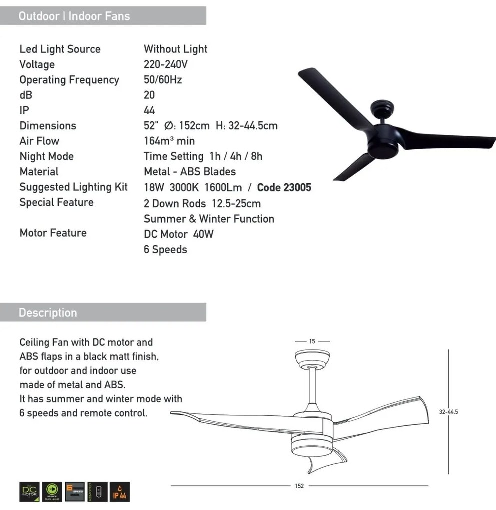 Ventilator de tavan pentru exterior cu telecomanda IP44 Skadi negru