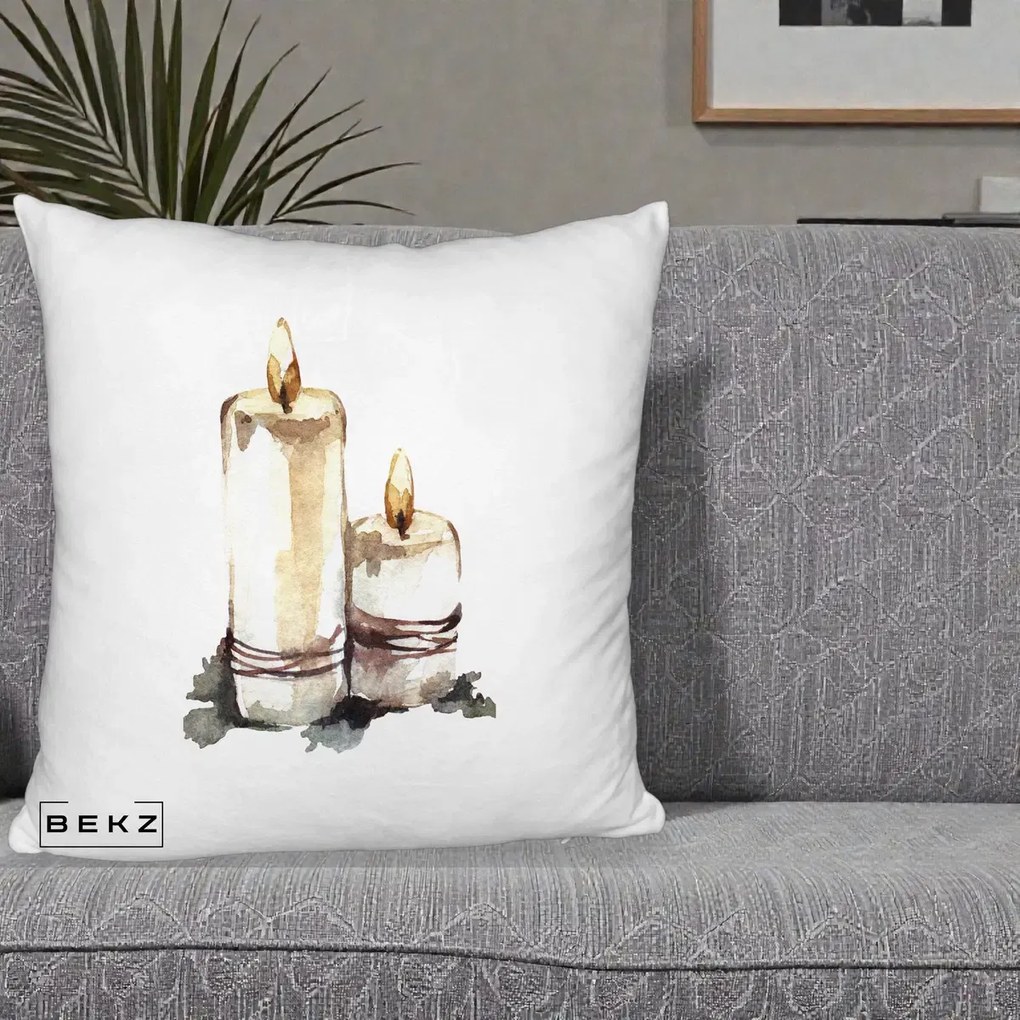 Perna Decorativa Lumanari Acuarela Iarna, 40x40 cm, Alb Pufos, Husa Detasabila, Perna Inclusa, BEKZ®