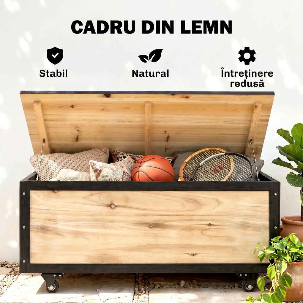 Outsunny Cutie de Depozitare pentru Exterior 121L cu Roți, Organizator din Lemn cu Armătură de Oțel, Maro | Aosom Romania