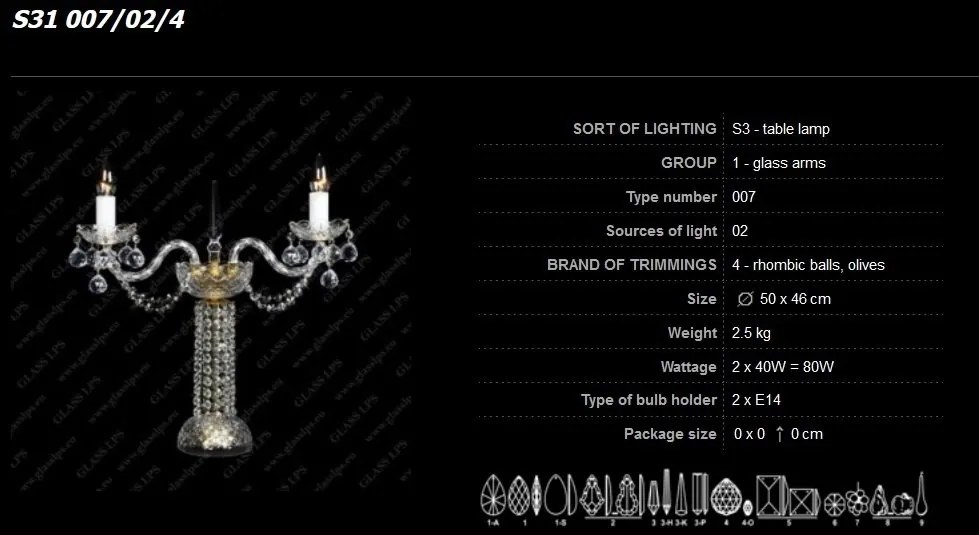Veioza, lampa de masa 2 brate cristal Bohemia S31 007/02/4