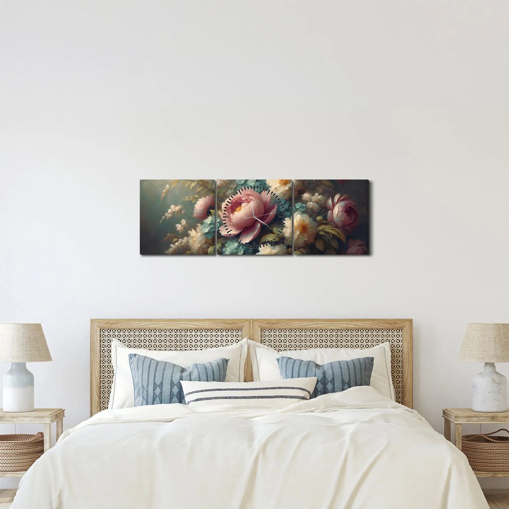 Tablou - Natură moartă cu flori - pictură (cu ceas) (90x30 cm)