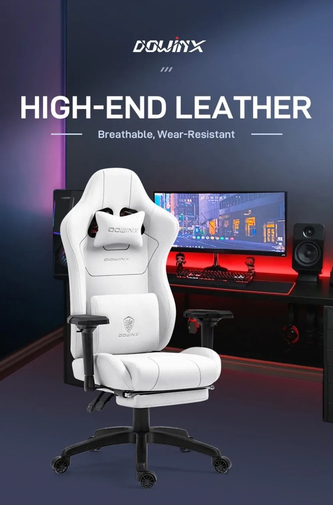 DOWINX 6657B - Scaun Gaming Ergonomic, Masaj in perna lombara, Șezut cu Arcuri Metalice și Spumă, Cotiere 4D, Suport pentru picioare, Rabatabil, Rezistent 136 kg, Material textil, Alb