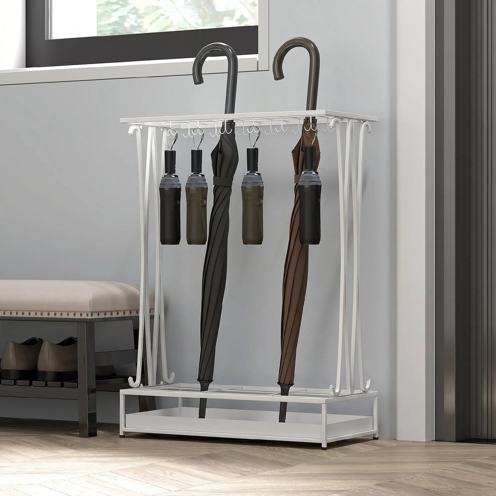 HOMCOM Suport Pentru Umbrele cu Tăviță Colectoare, 21 Orificii, 24 Cârlige, Oțel, 50x24x68 cm, Alb | Aosom Romania