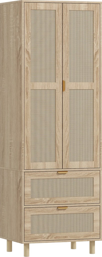 HOMCOM Dulap de dormitor cu 2 uși din ratan, 2 sertare și bară de agățat, 63 x 47 x 185 cm, lemn natural | Aosom Romania