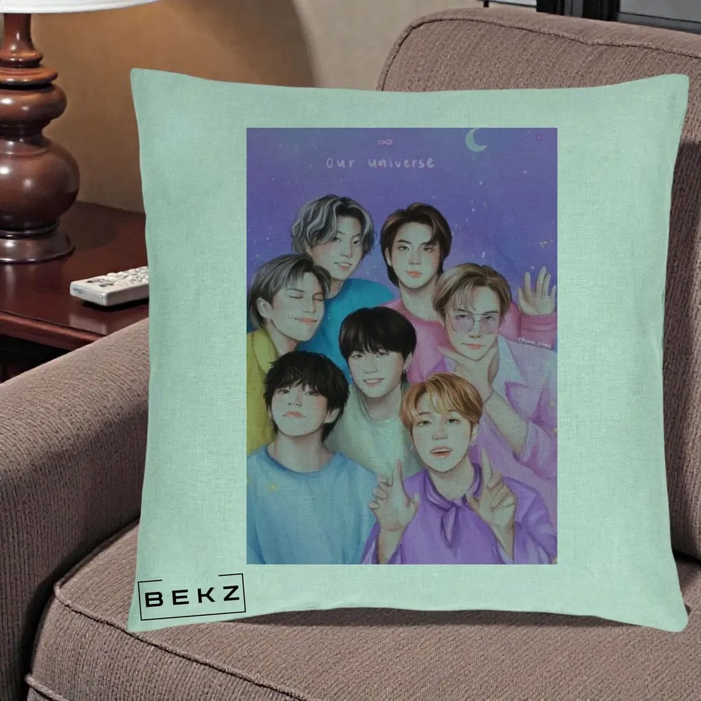 Perna Personalizata K-pop BTS Our Universe Fanart Violet Pastel, 40x40 cm, Verde Menta, Husa Detasabila, Perna Inclusa, BEKZ®