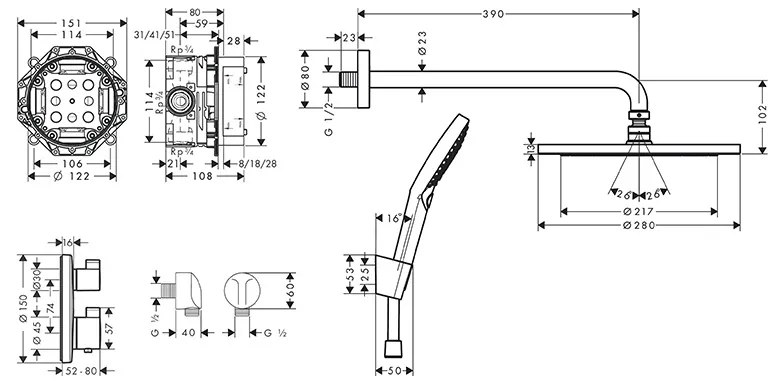 Set de dus incastrat, Hansgrohe, Croma 280 1 jet, cu baterie termostatata Ecostat S, cu palarie si para de dus, negru mat