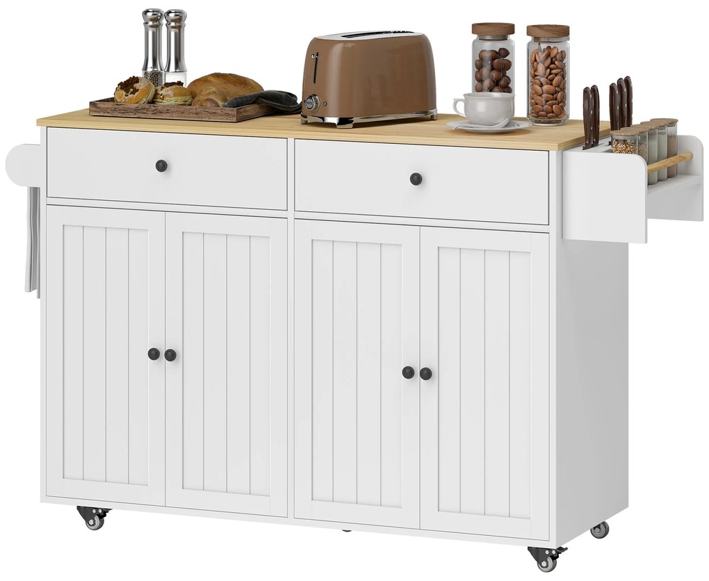 HOMCOM Insulă de bucătărie pe roți, 2 sertare, 2 dulapuri, mobilă, raft pentru condimente, suport prosop, suport pentru cuțite, MDF, Alb | Aosom Romania