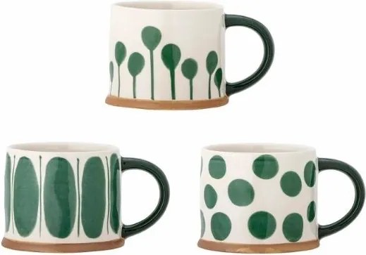 Set 3 căni natur din ceramică artizanală pictată manual cu motive geometrice în verde, 450 ml, 11×8,5 cm, "Linora"