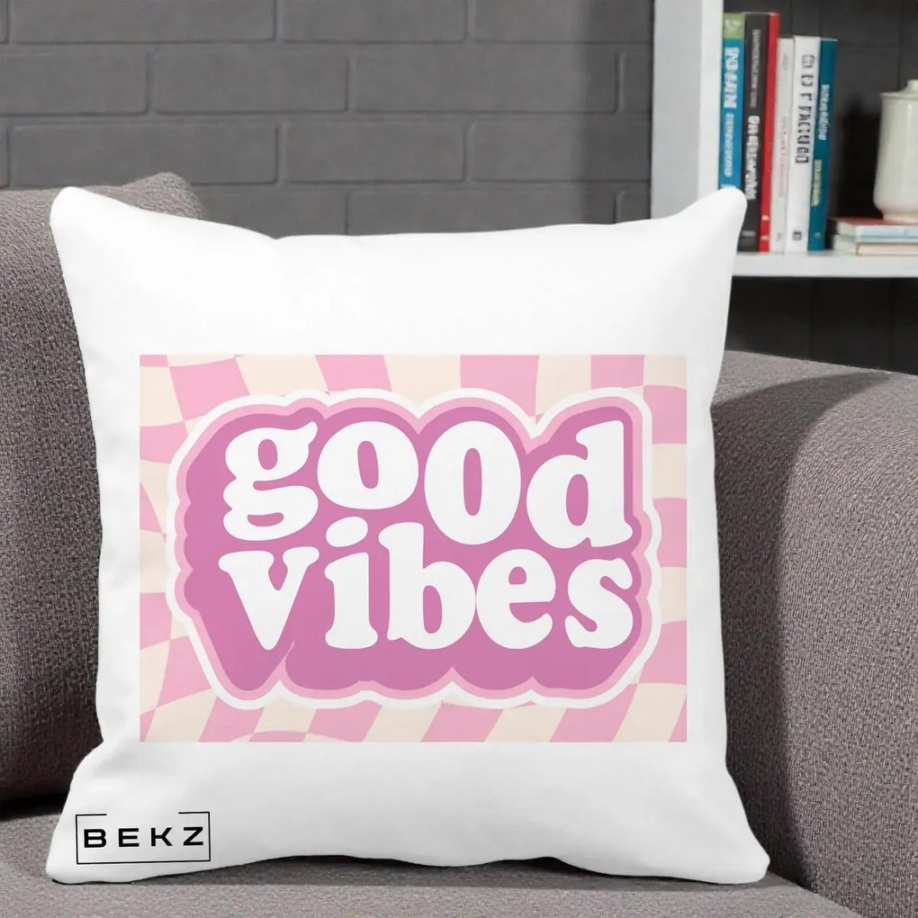 Perna Decorativa Good Vibes Retro Roz, 40x40 cm, Alba Mata, Husa Detasabila, Perna Inclusa, BEKZ®