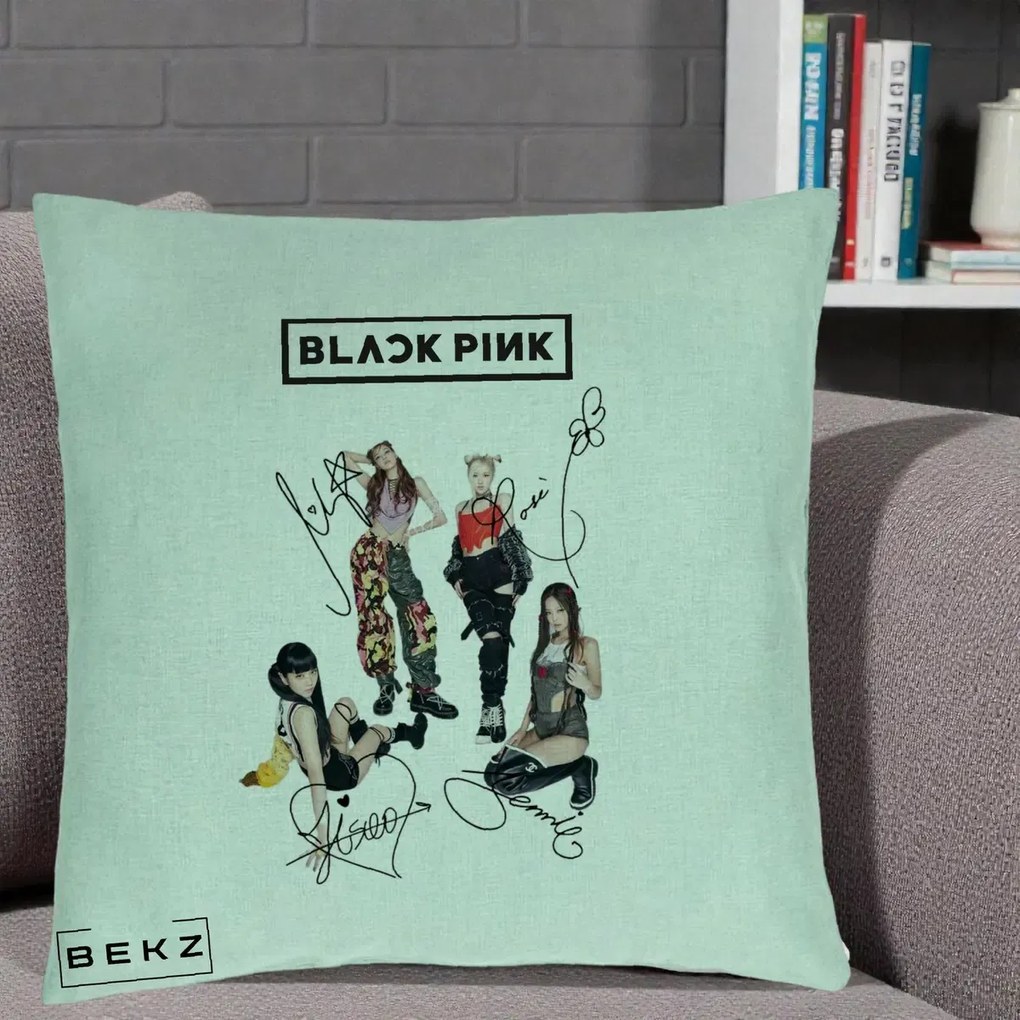 Perna Personalizata K-pop BLACKPINK Fotografie Grup Autografe Toate Membre, 40x40 cm, Verde Menta, Husa Detasabila, Perna Inclusa, BEKZ®