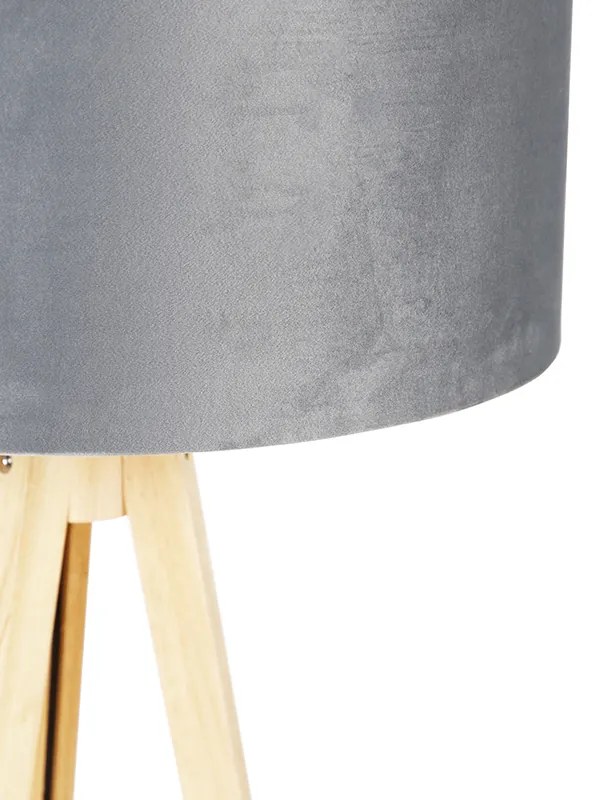 Lampă de podea din lemn cu abajur din stofă gri 50 cm - Tripod Classic