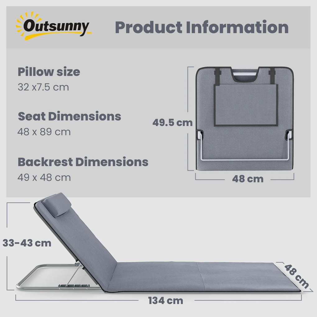 Outsunny Set de 2 Saltele cu Spătar Rabatabil, Suport pentru Cap și Geantă de Transport 134x48x33-43 cm Gri | Aosom Romania