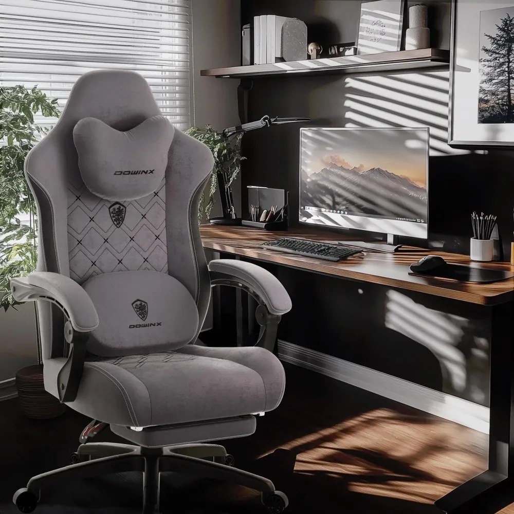 DOWINX Scaun gaming, ergonomic, Incalzire si Masaj cu Role in perna lombara, Șezut cu Arcuri Metalice și Spumă, rabatabil 90°-135°, Suport picioare, rezistent 150 kg, material textil, Gri
