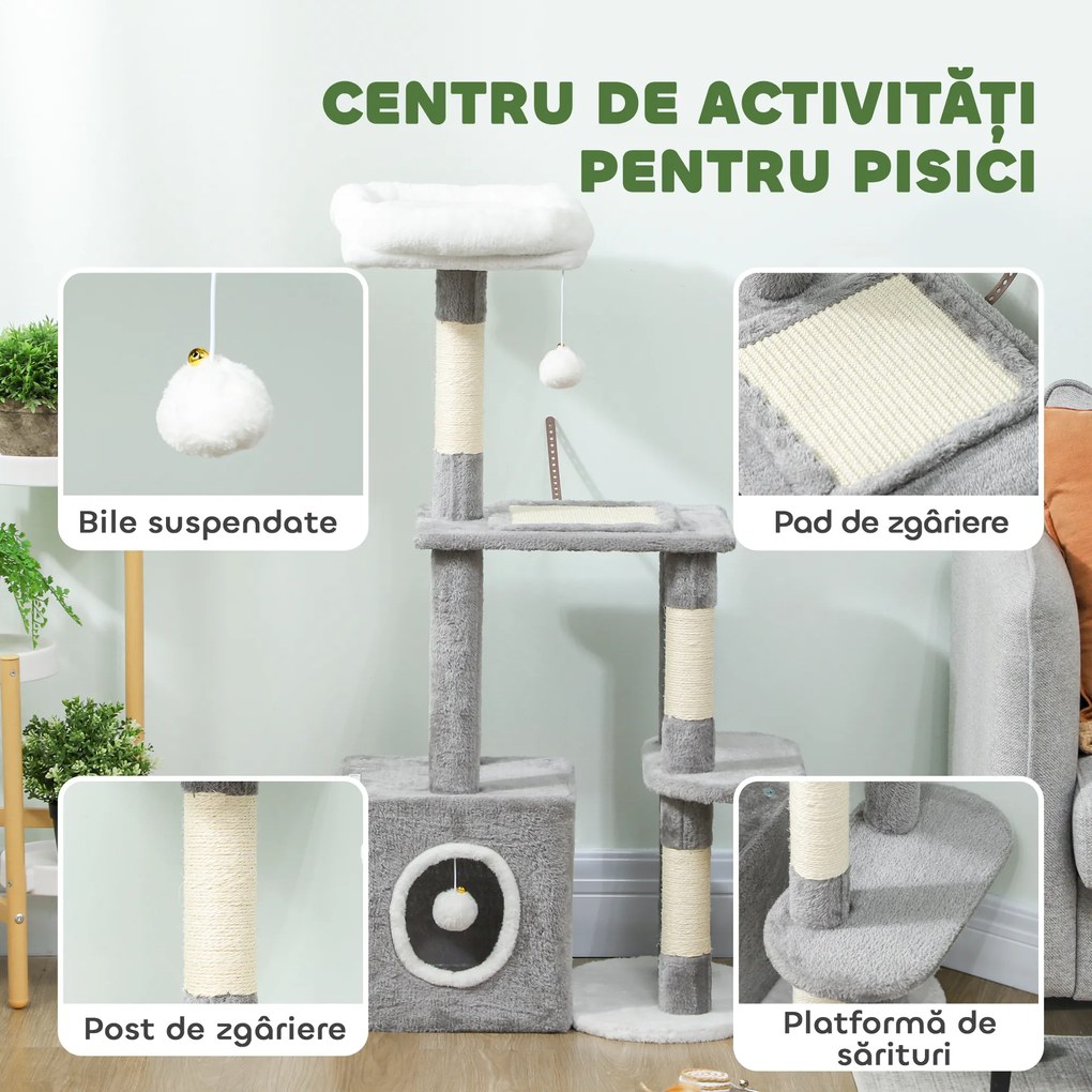PawHut Ansamblu de joacă zgârietoare pentru pisici cu căsuță, pat și 2 mingi, din lemn și pluș, 55x40x107 cm, gri și alb | Aosom Romania