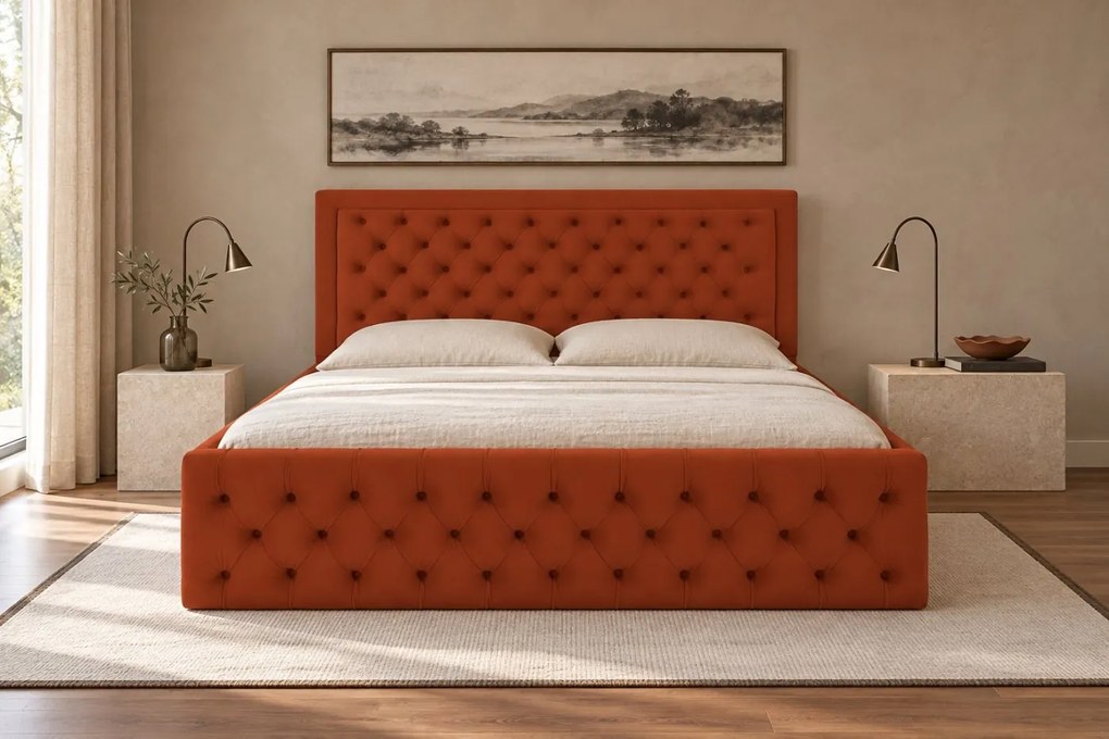 Pat tapițat Chesterfield din catifea Ophelia Deluxe 200×200 cm, cărămiziu, cu ladă de depozitare