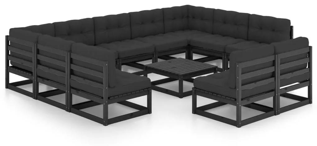 3077233 vidaXL Set mobilier grădină cu perne, 12 piese, negru, lemn masiv pin