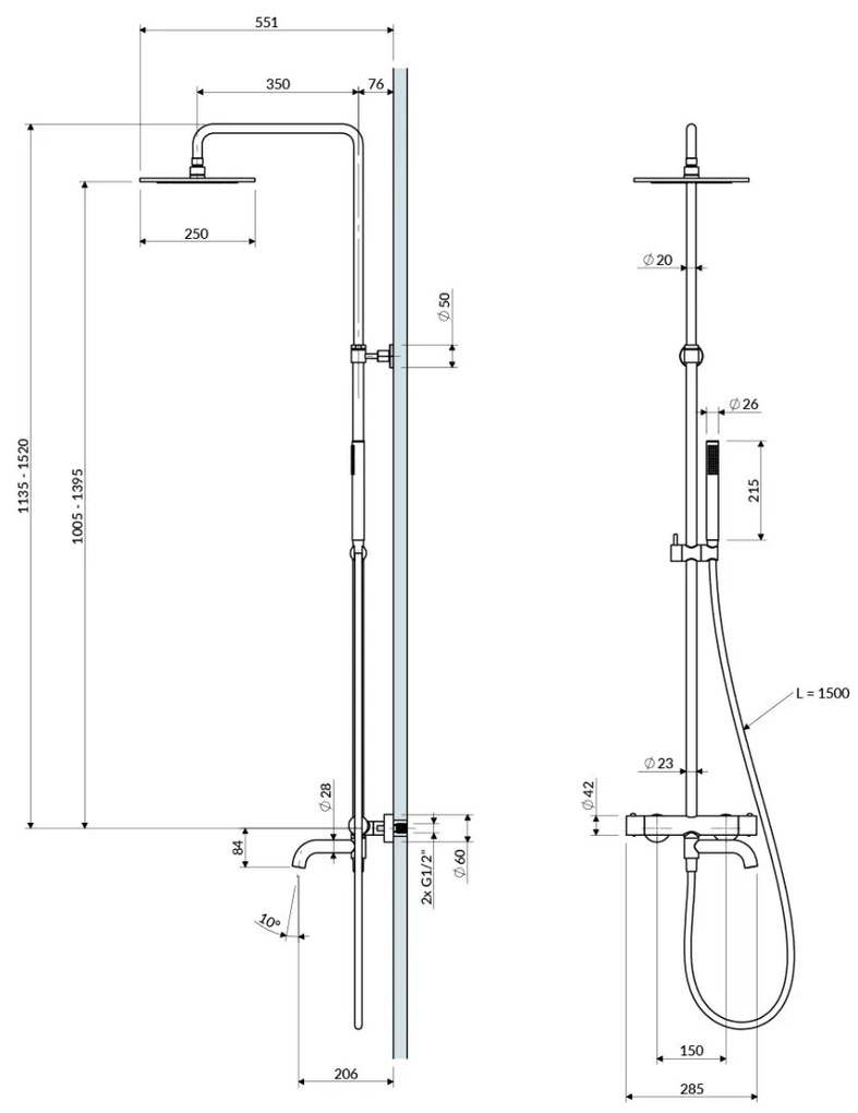 Omnires Y set cada si dus perete cu termostat da negru Y1234BL