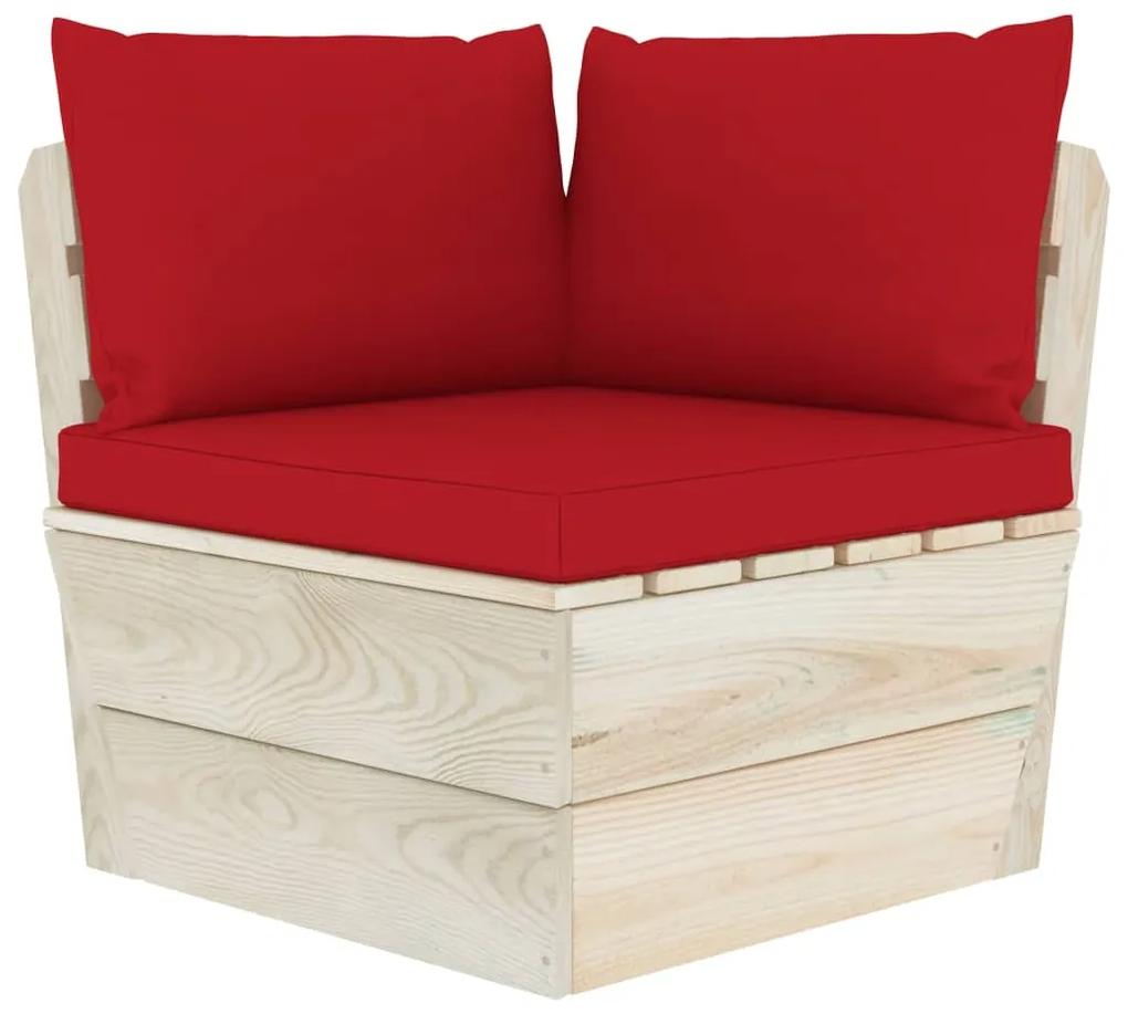 Set mobilier gradina din paleti cu perne, 7 piese, lemn molid Rosu, 2x colt + 2x mijloc + masa + 2x suport pentru picioare, 1