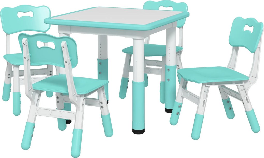 AIYAPLAY Set Măsuță și Scaune pentru Copii 18-60 Luni cu Înălțime Reglabilă și Tablă de Scris, 60x60x46-58 cm, Verde | Aosom Romania