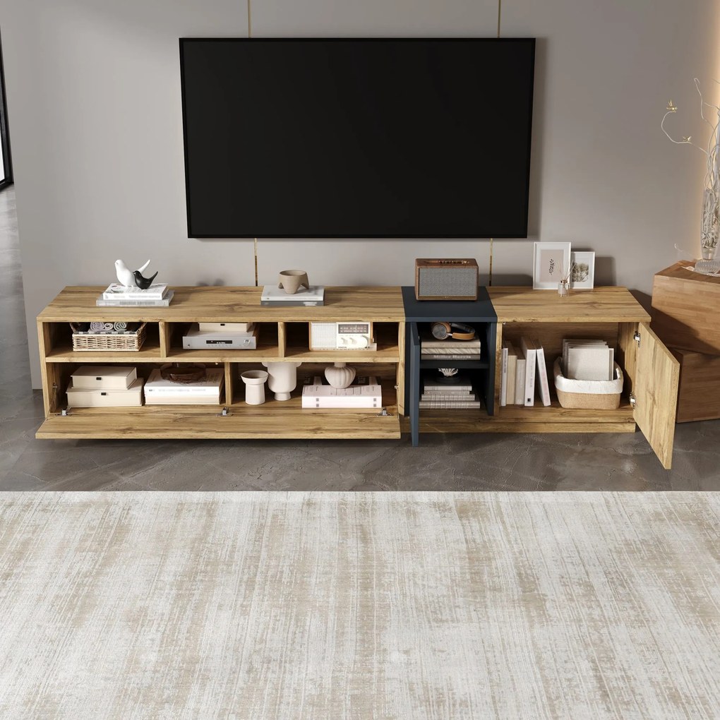 Comodă TV în culori contrastante, 200x45x45 cm, Culoare naturală+Gri