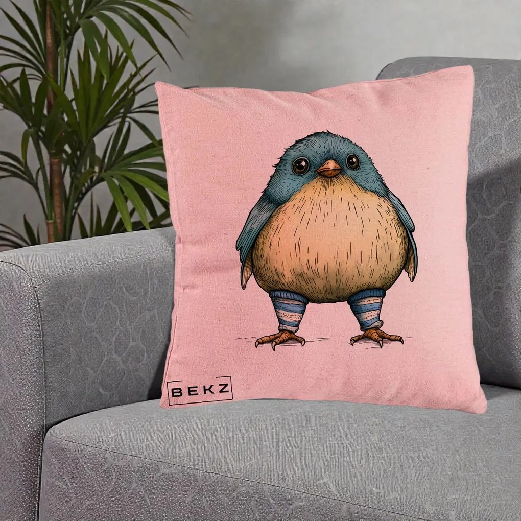 Perna Decorativa Pasare Albastra cu Sosete Albastre, 40x40 cm, Roz, Husa Detasabila, Perna Inclusa, BEKZ®