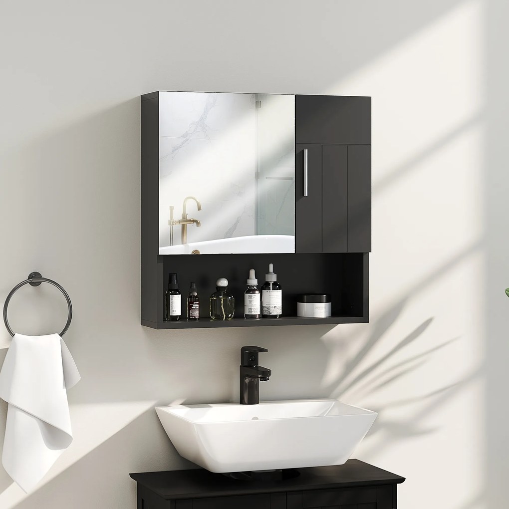 kleankin Dulap cu Oglindă pentru Baie 2 Uși și Raft Deschis 54x15.2x55.3 cm Negru | Aosom Romania
