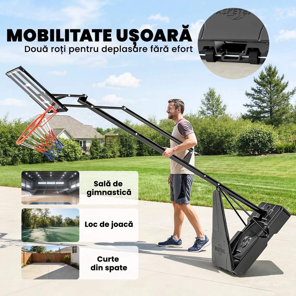 SPORTNOW Coș de Baschet Portabil pentru Exterior, Reglabil 2,45-3,05 m, Panou Rezistent la Șocuri, Reglare cu Manivelă | Aosom Romania