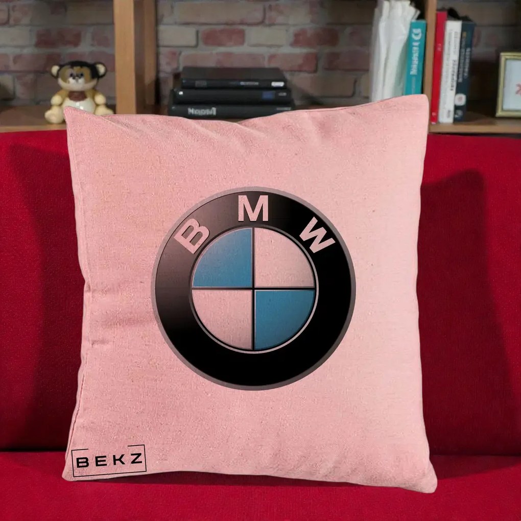 Perna Personalizata cu emblema BMW, 40x40 cm, Roz, Husa Detasabila, Perna Inclusa, BEKZ®