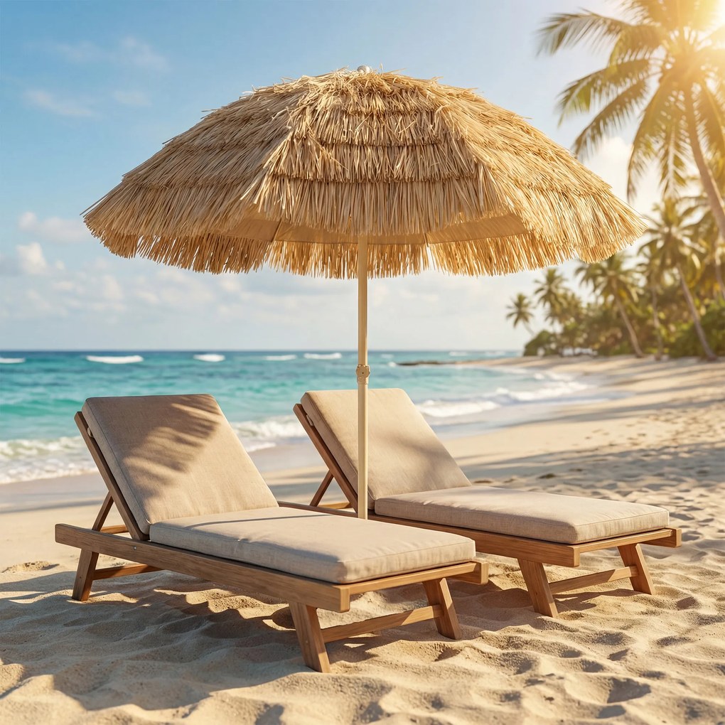 Outsunny Umbrelă de plajă Ø 1,85 m, umbrelă mare înclinabilă, stil hawaian, înălțime stâlp reglabilă, sac de transport, kaki | Aosom Romania