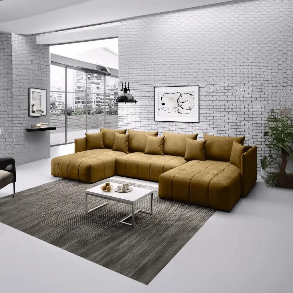 Colțar extensibil dumonde cu ladă de depozitare si sezut confortabil din spuma high-density, Malta U Royal Muștar 340x185 cm