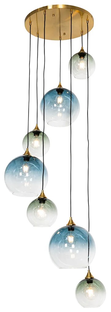 Lampă suspendată Art Deco din alamă cu sticlă albastră rotundă cu 7 lumini - Sandra