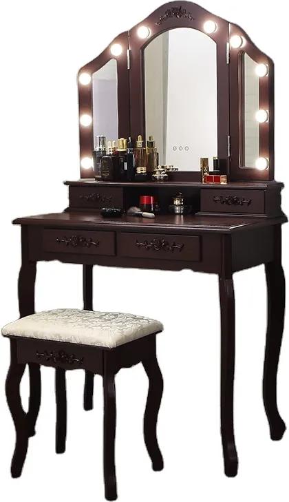 Set Anastasia, masă de toaletă cu 3 oglinzi iluminate LED, control touch, 4 sertare, scaun, Maro