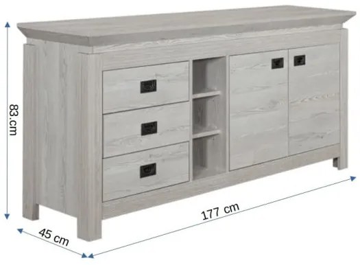 Comoda Casablanca Loft Cu 2 Usi Si 3 Sertare Gri Antic, 177 Cm