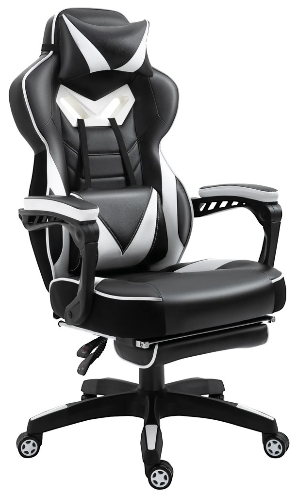Vinsetto Scaun Gaming Ergonomic, Fotoliu de Birou confortabil cu Suport de Picioare, Perne pentru Cap și Zonă Lombară, Înălțime Reglabilă, negru și alb | Aosom Romania