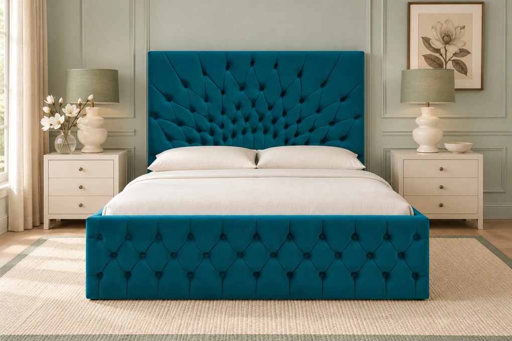 Pat tapițat Chesterfield din catifea Venezia 140×200 cm, turcoaz, cu ladă de depozitare