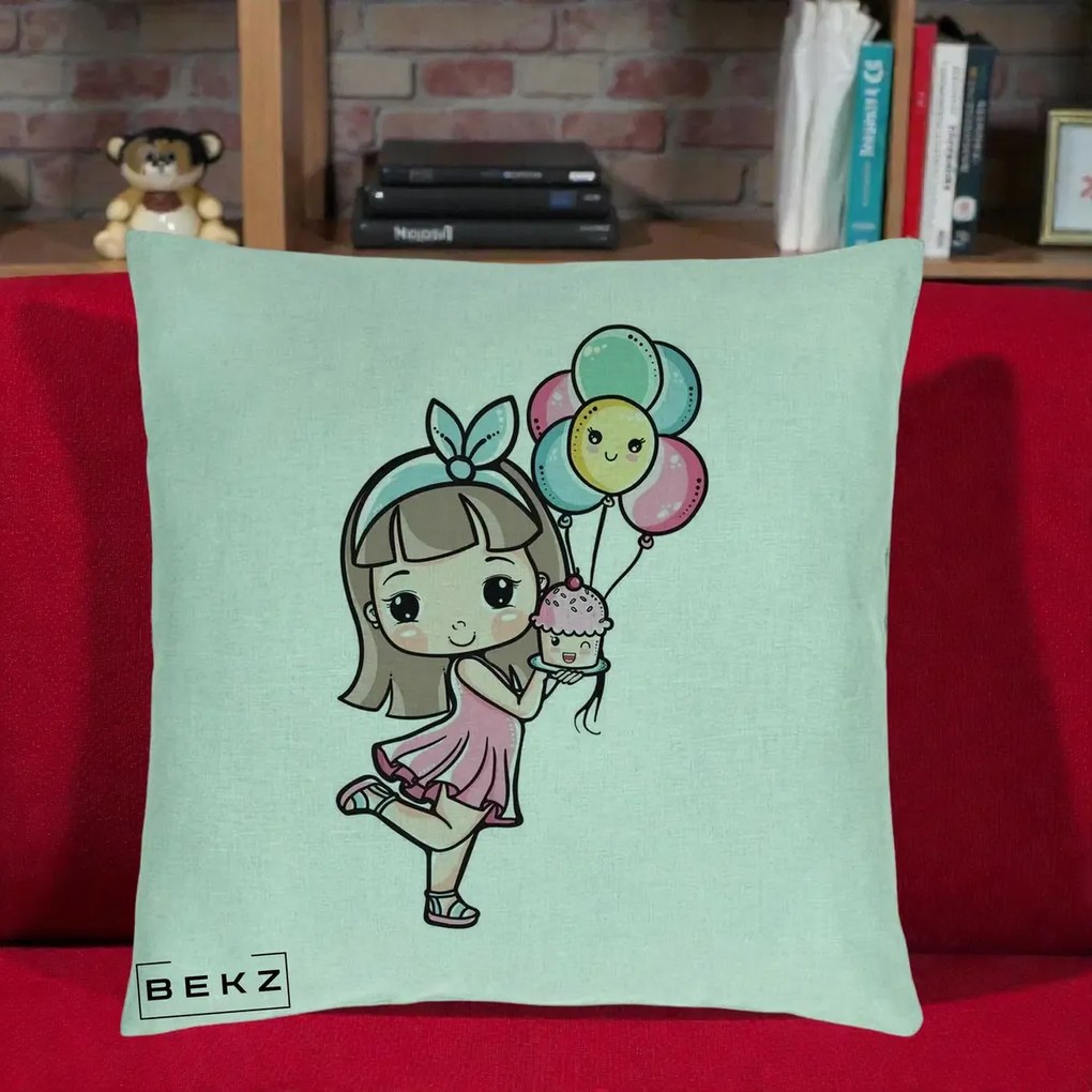 Perna Decorativa Fetita Kawaii cu Baloane si Cupcake, 40x40 cm, Verde Menta, Husa Detasabila, Perna Inclusa, BEKZ®