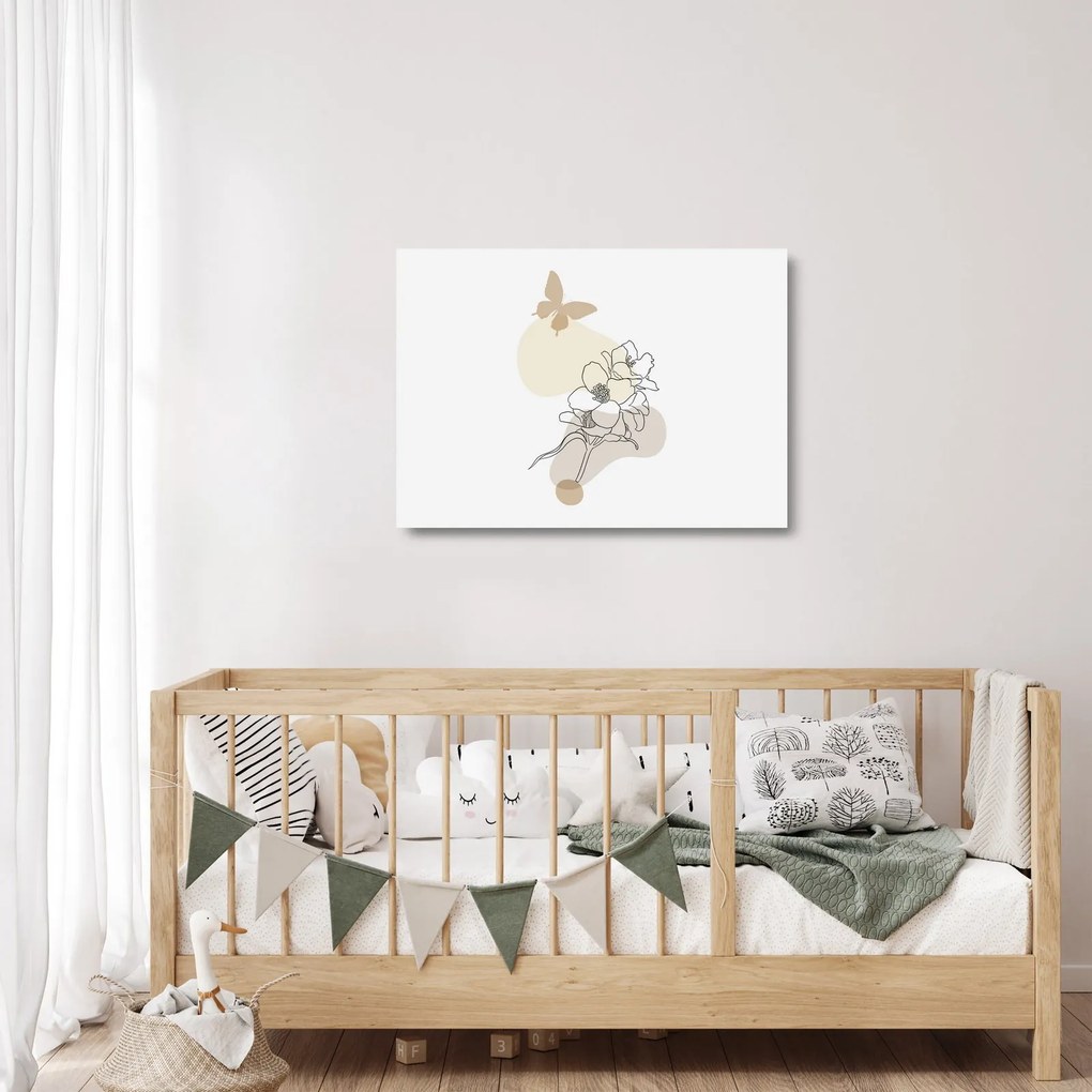 Tablou pe sticlă - Flori bej cu fluture N⁰3 (70x50 cm)