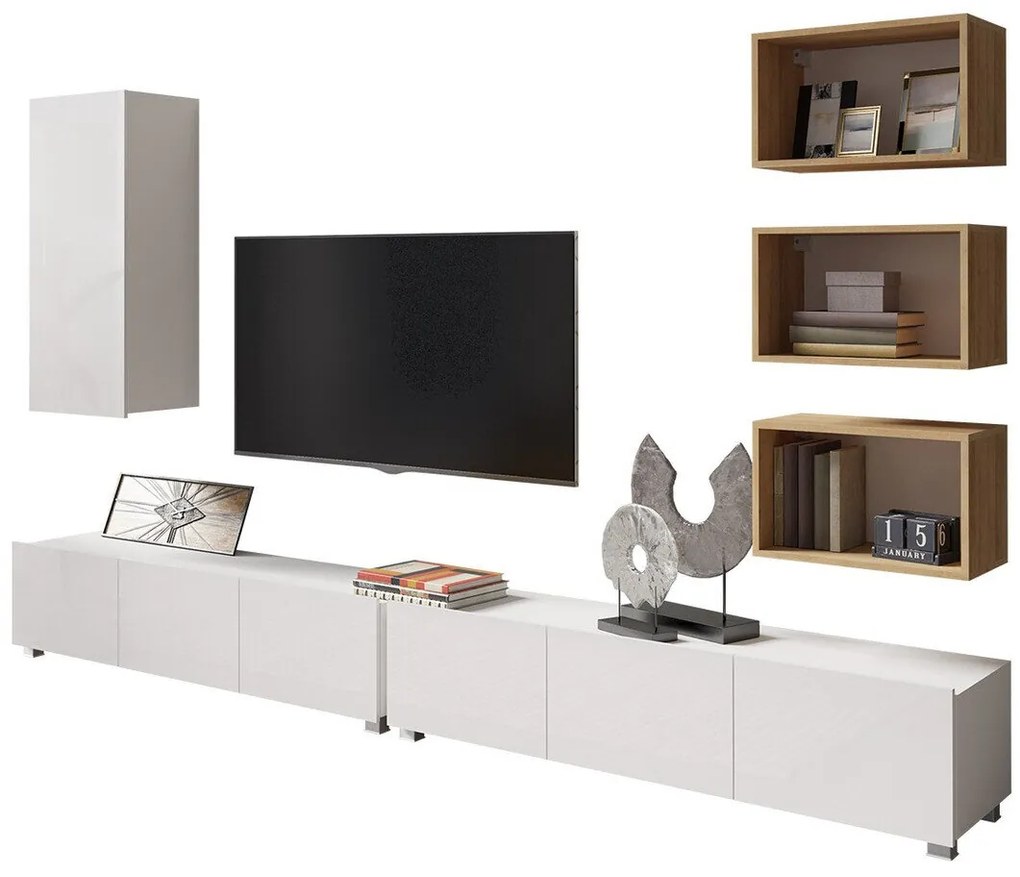 Camera de zi Providence B154Alb, Stejar auriu, Alb lucios, Cu comodă tv, Cu componente suplimentare, Părți separate, PAL laminat, 300x43cm, 84 kg