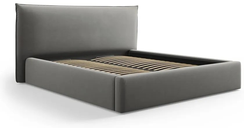 Pat matrimonial gri tapițat cu spațiu de depozitare cu somieră 180x200 cm Elio – Milo Casa