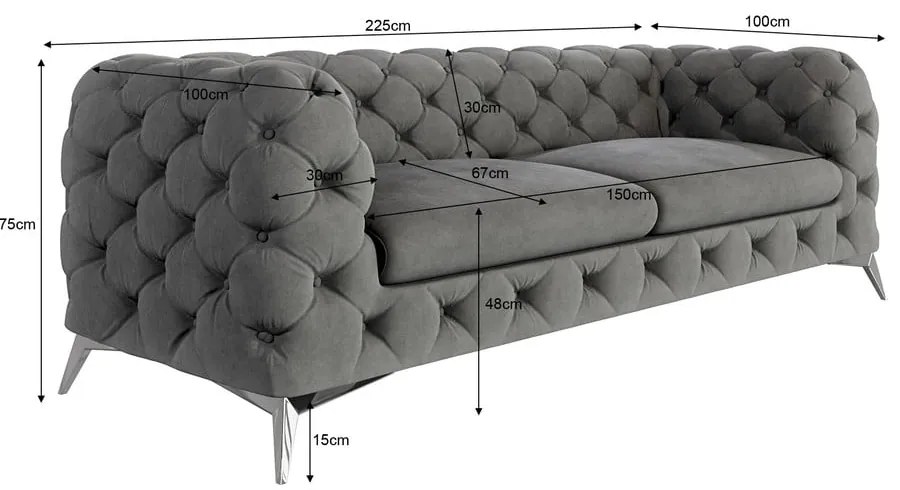 Canapea gri cu tapițerie din catifea 225 cm Chelsea – Ropez