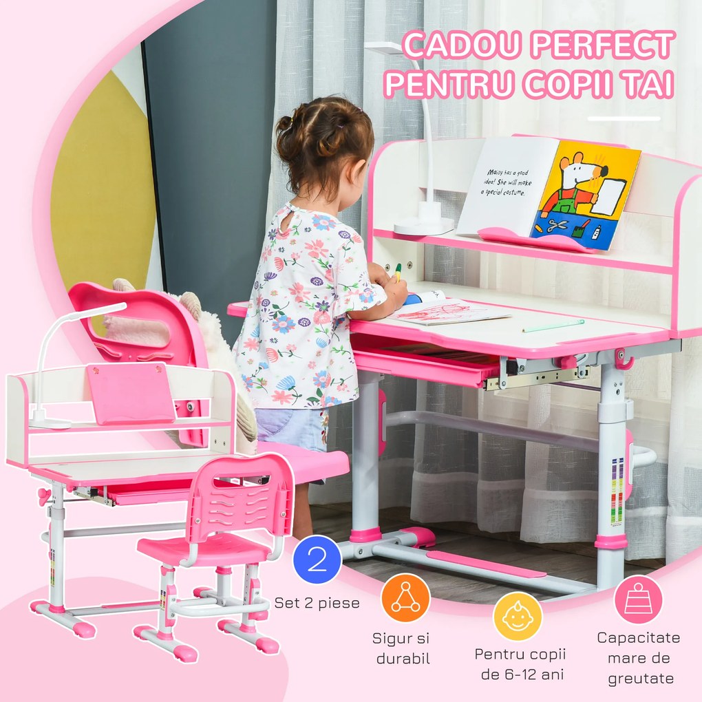 HOMCOM Birou Copii 6-12 Ani, Reglabile pe Înălțime cu Blat Înclinabil la 45°, cu Bancă și Scaun, 80x54,5x82-104 cm, Roz | Aosom Romania