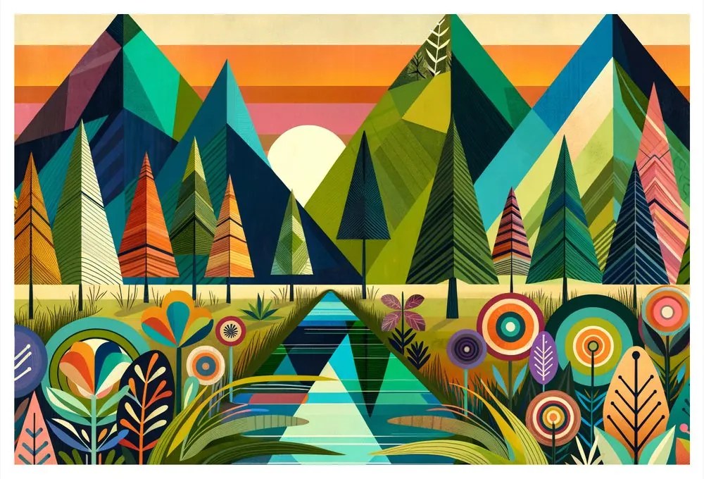 Tablou munți și copaci colorați